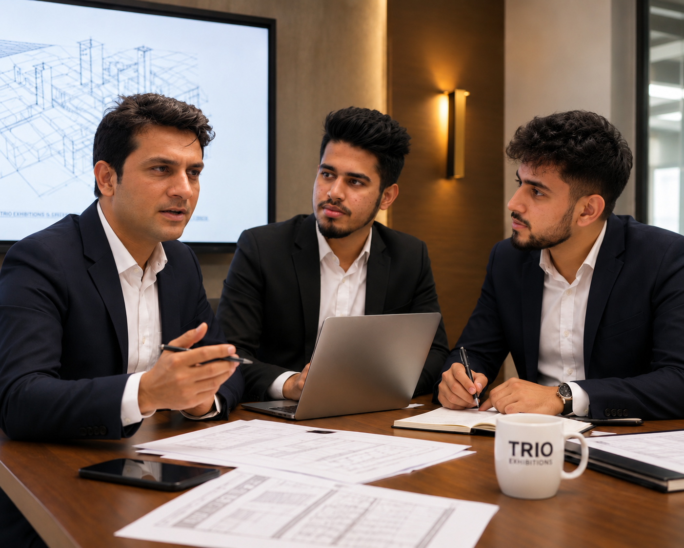 Trio Exhibitions design team working on exhibition stall concept